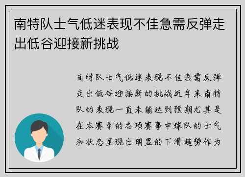 南特队士气低迷表现不佳急需反弹走出低谷迎接新挑战